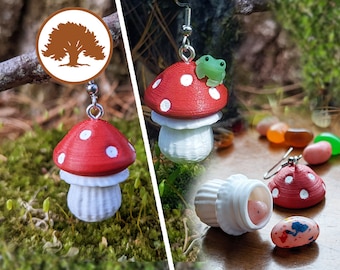 Mushroom Container Earrings | Frog Add-On Option | 3D Printed | Store Items Inside