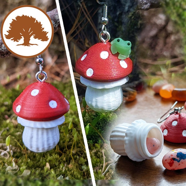 Mushroom Container Earrings | Frog Add-On Option | 3D Printed | Store Items Inside