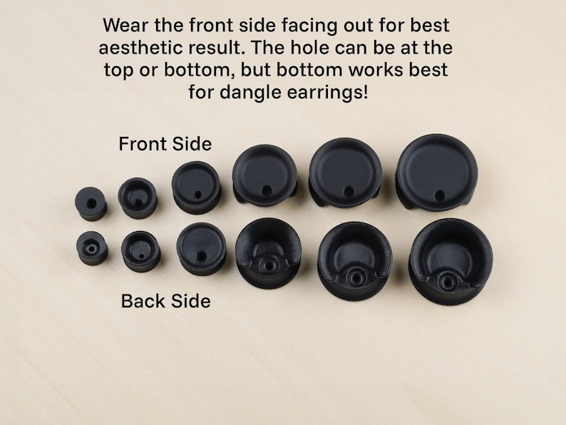May include: Assortment of black rubber earring backs in various sizes.  Wear the front side facing out for best aesthetic result. The hole can be at the top or bottom, but bottom works best for dangle earrings!