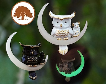 Pendientes de luna de búho pintados a mano / Impresos en 3D / Brillan en la oscuridad