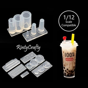 May include: A set of clear silicone molds for making miniature food items, including a boba tea cup, straws, and various round shapes. The molds are compatible with 1/12 scale dollhouses.