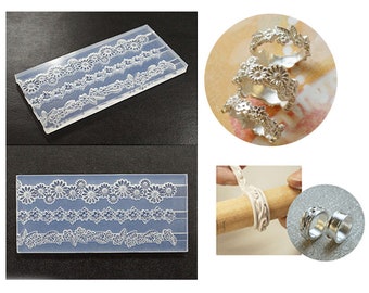 May include: A clear silicone mold with four rows of floral designs. The mold is used to create rings or other jewelry pieces. The image also shows silver rings made with the mold.