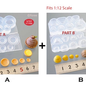 May include: Two clear silicone moulds for making miniature cakes and pastries. The moulds are labelled "Part A" and "Part B".  The moulds are 1/12 scale and fit a 1:12 scale dollhouse.  The moulds are shown with finished miniature cakes and pastries.