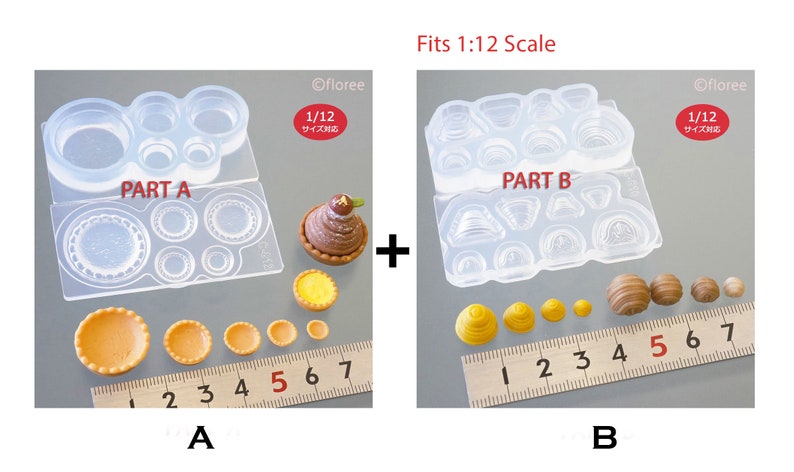 May include: Two clear silicone moulds for making miniature cakes and pastries. The moulds are labelled "Part A" and "Part B".  The moulds are 1/12 scale and fit a 1:12 scale dollhouse.  The moulds are shown with finished miniature cakes and pastries.