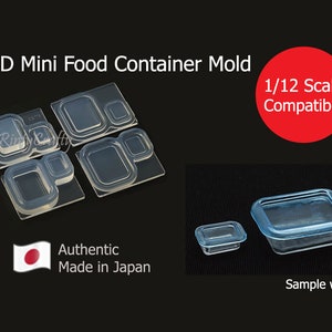 May include: A clear silicone mould for making miniature food containers. The mould has four different sized containers, each with a lid. The mould is labelled "3D Mini Food Container Mould" and "1/12 Scale Compatible". A sample of the finished product is shown on the right side of the image. The sample is a clear plastic container with a blue lid.