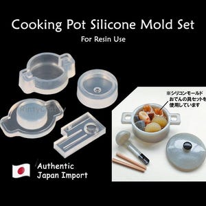 May include: A set of four clear silicone moulds for making miniature cooking pots and a serving tray. The moulds are designed for use with resin. The image also shows a finished set of miniature cooking pots made with resin.
