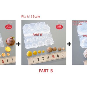 May include: Three clear silicone moulds for making miniature food items. The moulds are labelled "Part A", "Part B", and "Part C".  The moulds are designed to create miniature cakes, pastries, and other desserts.  The moulds are 1:12 scale.