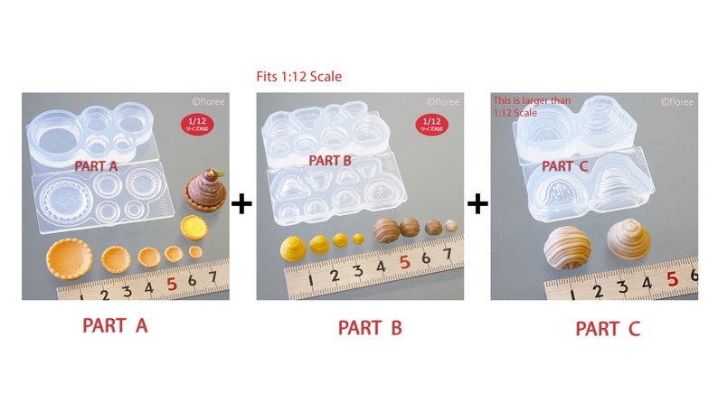 May include: Three clear silicone moulds for making miniature food items. The moulds are labelled "Part A", "Part B", and "Part C".  The moulds are designed to create miniature cakes, pastries, and other desserts.  The moulds are 1:12 scale.