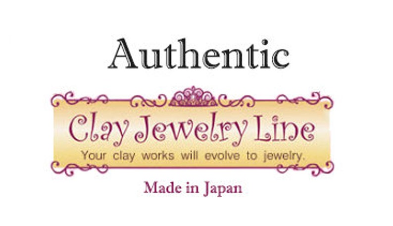 May include: A logo for Clay Jewelry Line, a company that makes jewelry from clay. The logo is on a yellow banner with a gold crown and scrollwork. The text "Authentic Clay Jewelry Line" is in black, and the text "Your clay works will evolve to jewelry." is in a smaller font. The text "Made in Japan" is at the bottom of the banner.