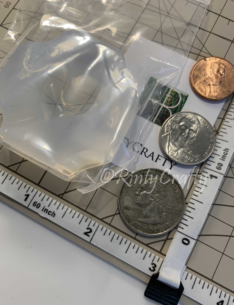 May include: A clear plastic bag containing a silicone mold for making resin crafts. The mold is next to a ruler and three US coins, including a quarter, a dime, and a penny.