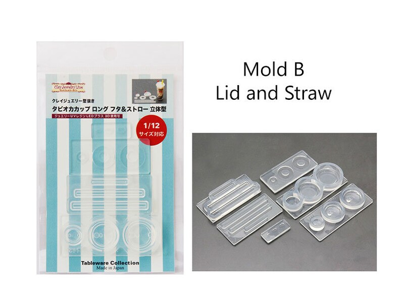 May include: A clear plastic mold for making miniature lids and straws for 1/12 scale dollhouse projects. The mold is labeled "Mold B Lid and Straw" and "Tableware Collection Made in Japan".