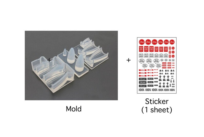 May include: A clear silicone mold for making resin crafts, with a sheet of stickers featuring Japanese text and images of milk, tea, and cream. The stickers are red and black on a white background.