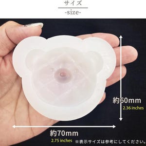 May include: A white silicone mold in the shape of a teddy bear's face. The mold is approximately 2.75 inches wide and 2.36 inches tall. The mold has a quilted pattern on the face and is held in a hand.