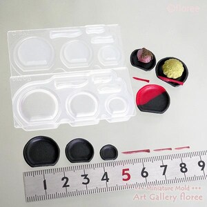 Peut inclure: Un moule en plastique transparent avec diverses formes circulaires et rectangulaires, ainsi que des petites assiettes noires et des aliments miniatures. Une règle montre les mesures en centimètres. Le texte "Miniature Mold +++ Art Gallery floree" est inclus.