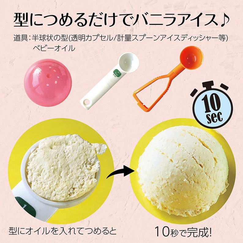 May include: A pink plastic scoop with holes, a white measuring spoon, an orange scoop with a handle, and a timer set to 10 seconds. The image shows a white scoop filled with a creamy substance, and a larger white scoop filled with the same substance, with the text "10 seconds to completion!" and "Fill the mold with oil and pack it in".