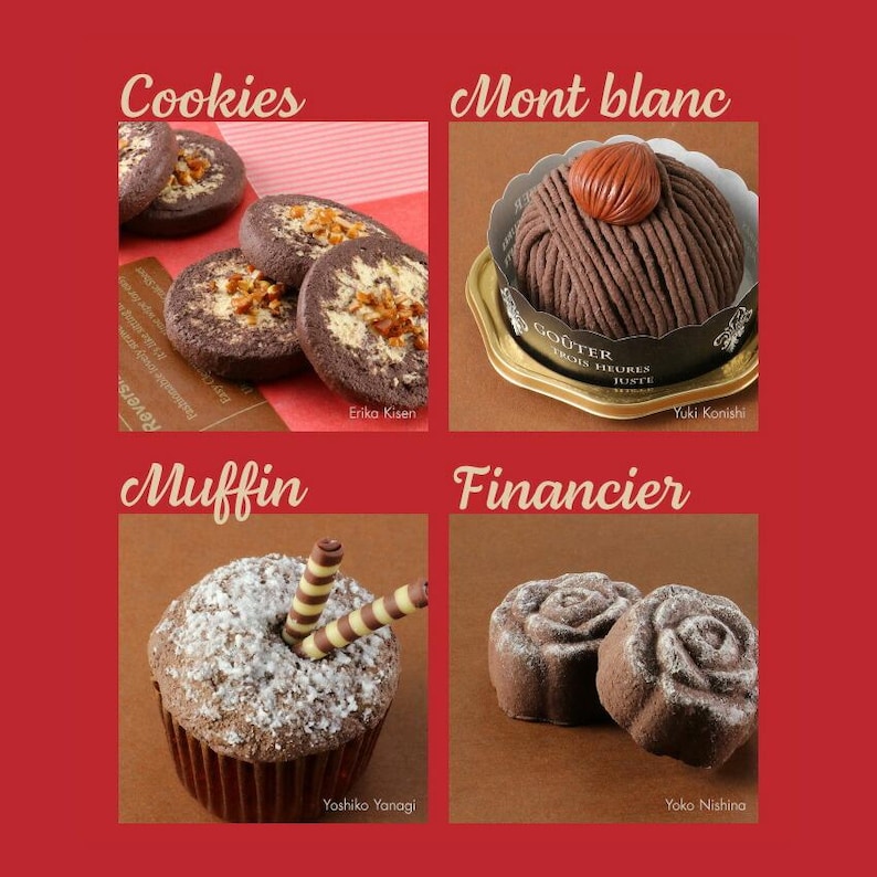 Puede incluir: Un collage de cuatro productos horneados diferentes sobre un fondo rojo. La parte superior izquierda muestra galletas con una cobertura de pretzel. La parte superior derecha muestra un pastel Mont Blanc. La parte inferior izquierda muestra un muffin. La parte inferior derecha muestra financiers.