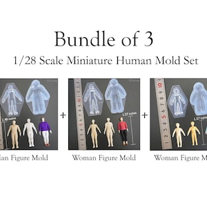 May include: A set of three silicone molds for making miniature human figures. The molds are clear and show the outline of the figures. The molds are labeled "Man Figure Mold", "Woman Figure Mold", and "Woman Figure Mold". The molds are 2.48 inches and 1.57 inches tall.