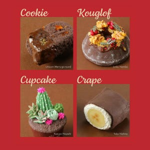 Puede incluir: Un collage de cuatro pasteles diferentes. Una galleta de chocolate con cobertura de caramelo, un Kouglof con una corona de nueces y bayas, una magdalena de cactus y un crepe con relleno de pl&aacute;tano.