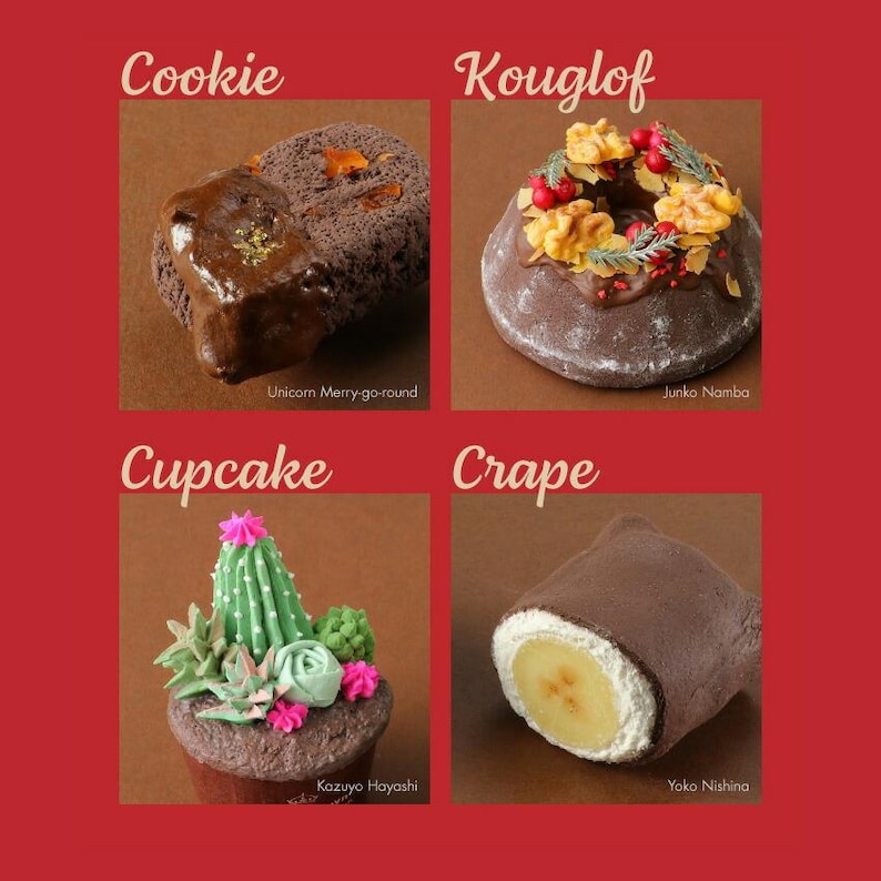 Puede incluir: Un collage de cuatro pasteles diferentes. Una galleta de chocolate con cobertura de caramelo, un Kouglof con una corona de nueces y bayas, una magdalena de cactus y un crepe con relleno de pl&aacute;tano.