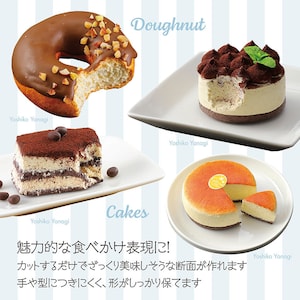 May include: A collection of four different desserts, including a chocolate glazed donut with nuts, a tiramisu cake, a cheesecake with a lemon slice, and a chocolate cake with cocoa powder. The text "Doughnut" and "Cakes" are written in the image.
