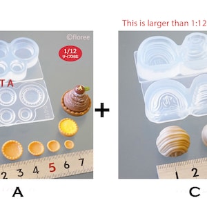 May include: Two clear silicone moulds for making miniature cakes and pastries. The first mould has six different sized circles, the second mould has two different shapes. The moulds are shown with examples of the finished products, including a small chocolate cake, a small custard tart, and two small cream puffs. The text "PART A" and "This is larger than 1:12 Scale" are visible in the image.
