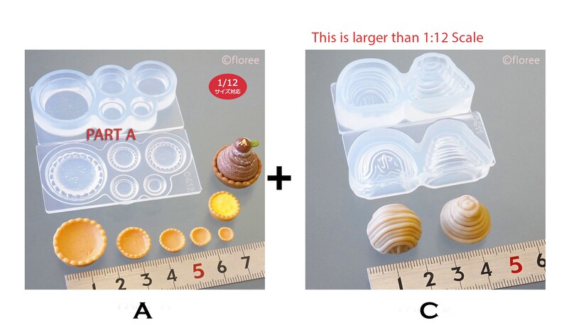 May include: Two clear silicone moulds for making miniature cakes and pastries. The first mould has six different sized circles, the second mould has two different shapes. The moulds are shown with examples of the finished products, including a small chocolate cake, a small custard tart, and two small cream puffs. The text "PART A" and "This is larger than 1:12 Scale" are visible in the image.