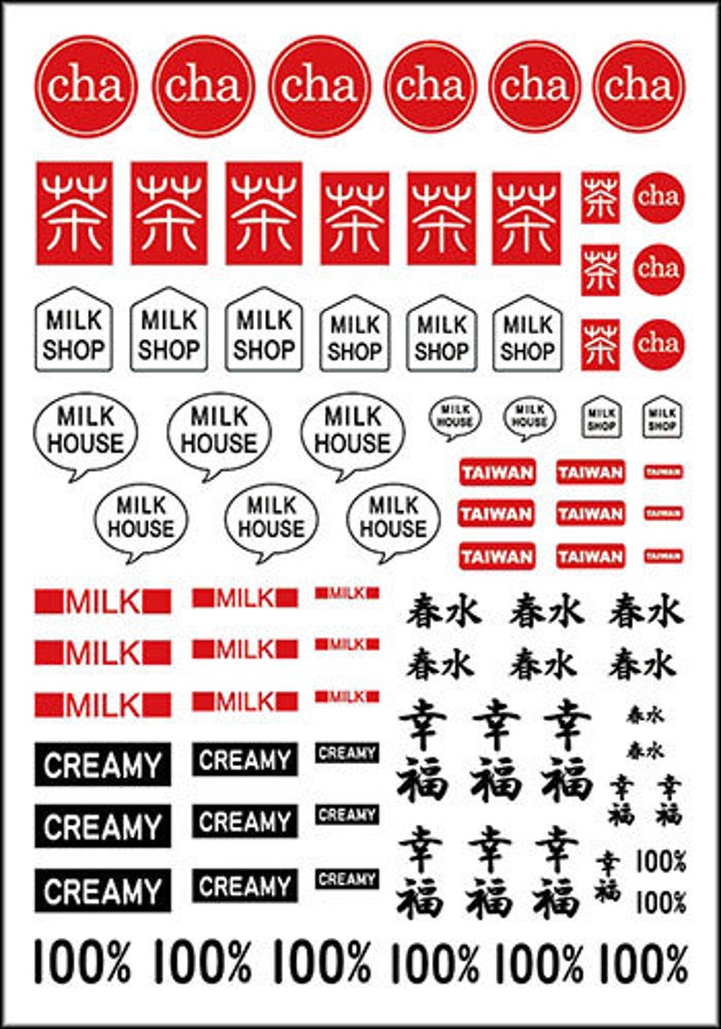 May include: A sheet of stickers with various designs, including text in English and Chinese. The stickers feature red, black, and white colors. The text includes "cha", "Milk Shop", "Milk House", "Taiwan", "Spring Water", "Creamy", "100%", and "Happiness".