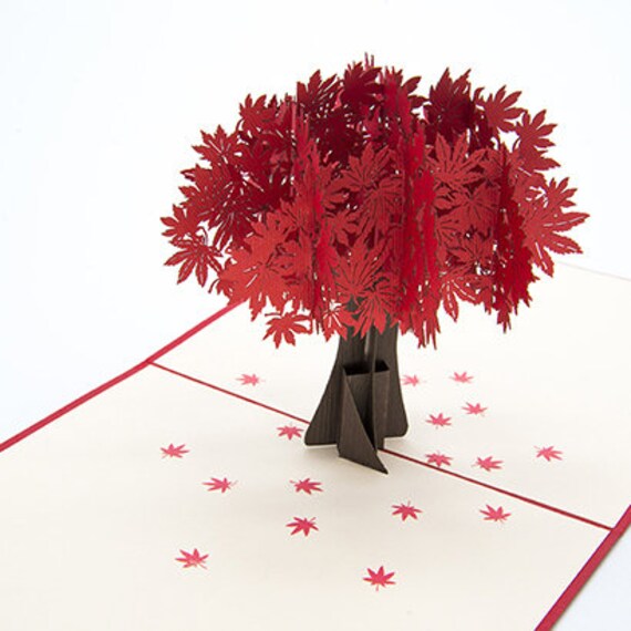 Paper Craft 3d Red Maple Tree Pop Up Greeting Card Autumn Etsy