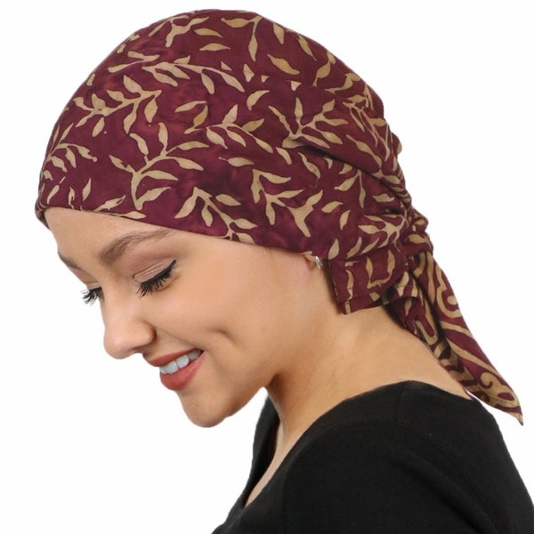 Bali Batik Square Chemo Head Scarf 28" x 28" Burgundy Leaf