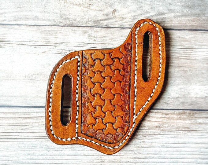 Pancake Style Tooled Leather Knife Sheath - Case Trapper Knife - Groom Gift - 3rd Anniversary Gift - Fathers Day Gift - Gifts for Him