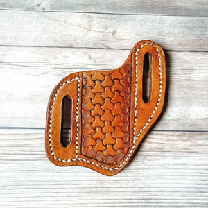 Pancake Style Tooled Leather Knife Sheath - Case Trapper Knife - Groom Gift - 3rd Anniversary Gift - Fathers Day Gift - Gifts for Him