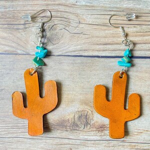 Genuine Leather Cactus Earrings - Turquoise Beaded Earrings Dangle - Statement Earrings - Leather Gifts - Gifts for Her - Western Jewelry