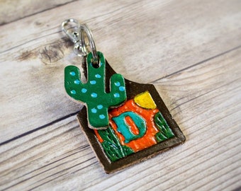 Cattle Tag Keychain - Cactus Keychain - Southwest Keychain - Custom Leather Keychain - Western Keychain