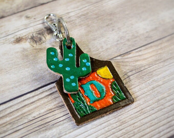 Christmas Gifts for Her - Cattle Tag Keychain - Cactus Keychain - Southwest Keychain - Custom Leather Keychain - Western Keychain