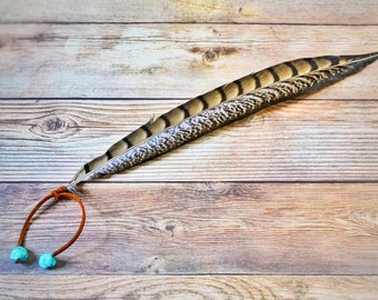Cowboy Hat Feathers - Turquoise Beaded Hat Feather - Christmas Gift - Feather Hat Pin - Western Hat Feathers - Pheasant Feather