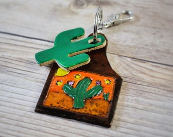 Leather Cactus Keychain - Cattle Tag Keychain - Southwest Keychain - Custom Leather Keychain - Western Keychain