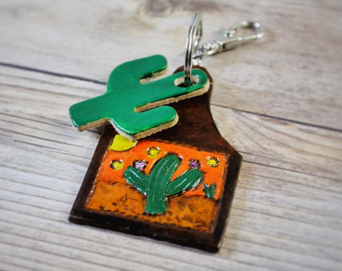 Leather Cactus Keychain - Cattle Tag Keychain - Southwest Keychain - Custom Leather Keychain - Western Keychain