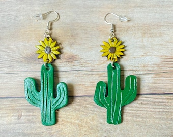 Leather Cactus Earrings - Sunflower Earrings Dangle - Statement Earrings - Leather Gifts - Gifts for Her - Western Jewelry - Drop Earrings