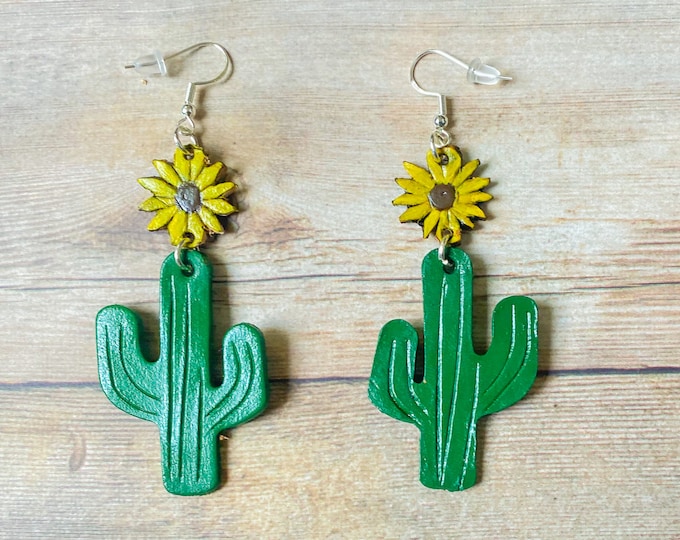 Leather Cactus Earrings - Sunflower Earrings Dangle - Statement Earrings - Leather Gifts - Gifts for Her - Western Jewelry - Drop Earrings