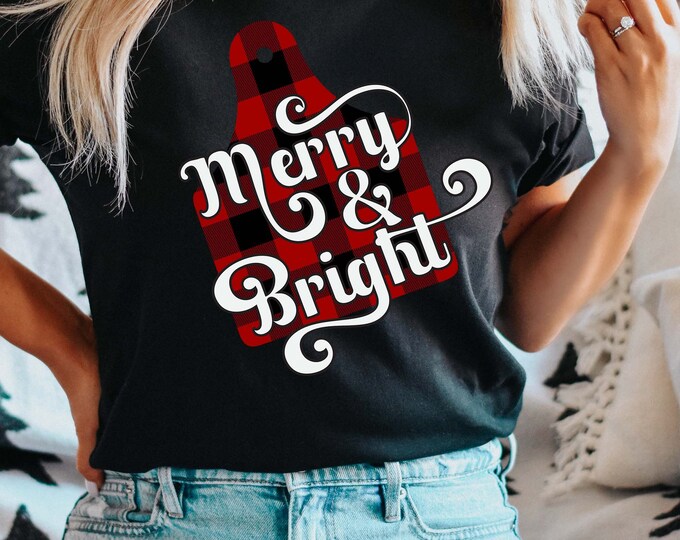 Merry and Bright Shirt - Christmas Shirts for Women - Buffalo Plaid Christmas Shirts - Western Christmas Tshirt