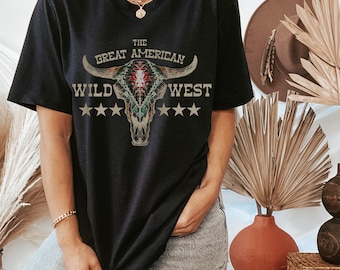 Great American Wild West T Shirt - Western Graphic Tees - Longhorn Skull Shirt - Vintage T Shirt - Western Cowgirl Shirt - Desert Shirt