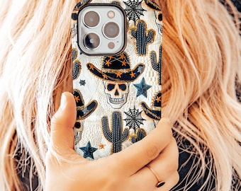 Halloween Cowboy iPhone Case | Cactus Skull Phone Case | Spooky Western Cowboy Tough Case | Gothic Southwestern Protective Phone Cover