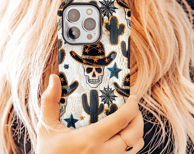 Halloween Cowboy iPhone Case | Cactus Skull Phone Case | Spooky Western Cowboy Tough Case | Gothic Southwestern Protective Phone Cover