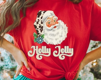 Holly Jolly Shirt - Western Christmas Shirt - Christmas Shirts for Women - Cow Print Christmas Shirt - Vintage Santa Shirt