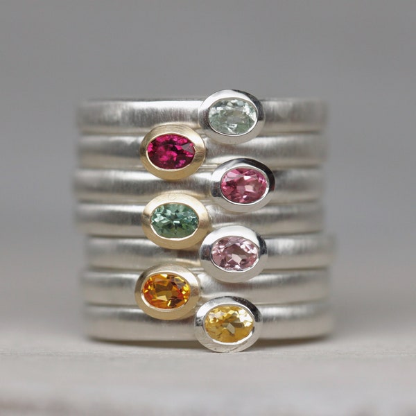 Silberringe mit Turmalin rosa, grün & Citrin, Silber, Gold, Ringset, handgemachte Ringe, Goldschmiede, recycelt, schmal, Edelsteine, echt