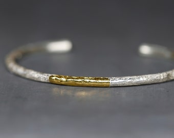 Forged bangle, silver with fine gold, structure forged round profile, handmade recycled, unique, solid bangle, Keum Boo