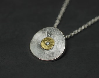 Circles silver & gold, recycled, pendant with chain, diamond, 900 yellow gold, 925 sterling silver, handmade, goldsmith, ice matt, scratched
