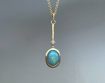 Opal Diamond Pendant Gold, Elongated, Gold Chain, Opal Pendant Blue Green, Real Gold 585, Goldsmith, Matte, Timeless Jewelry, Opal Jewelry