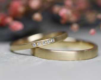 Wedding rings 585 yellow gold, straight, simple & simple, 5 white brilliants, goldsmiths, handmade wedding rings, gold rings, recycled, matt