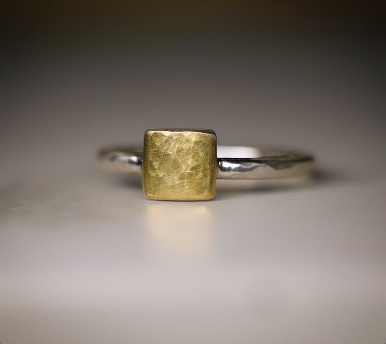 Ring silver, 900 yellow gold, square, geometric, recycled, handmade, rectangle, minimalist, goldsmith, handmade, square, real gold image 1